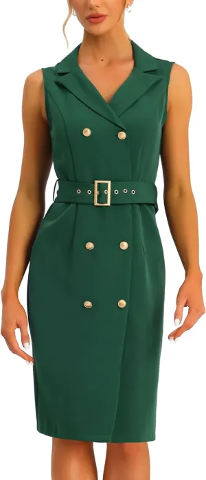 Allegra K Women's Blazer Dresses Summer Sleeveless Notched Lapel Double Breasted Belted Work Office Dress