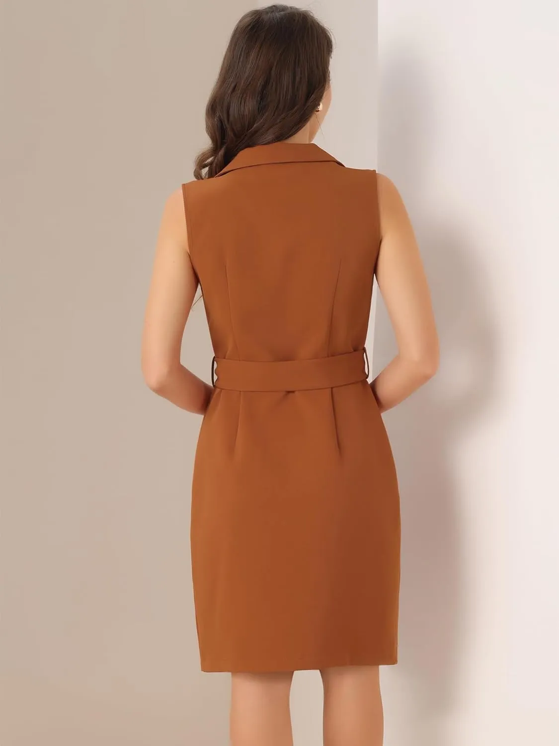 Allegra K Women's Blazer Dresses Summer Sleeveless Notched Lapel Double Breasted Belted Work Office Dress