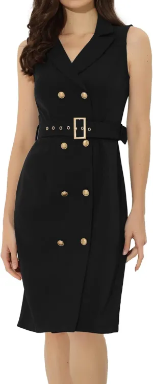Allegra K Women's Blazer Dresses Summer Sleeveless Notched Lapel Double Breasted Belted Work Office Dress