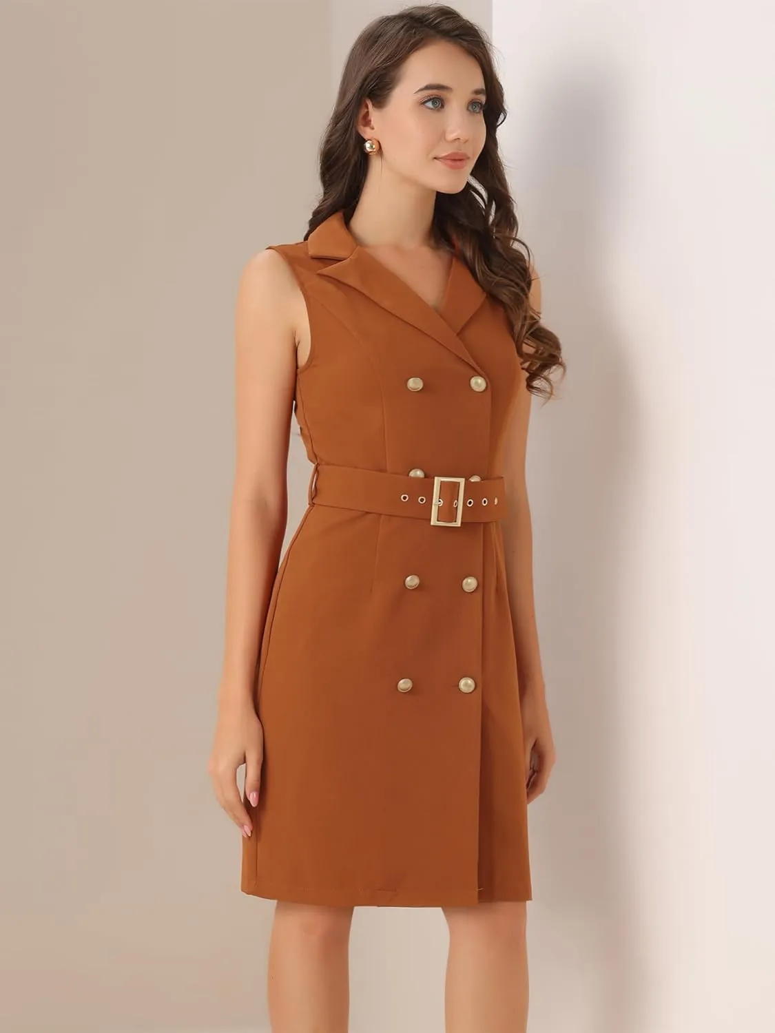 Allegra K Women's Blazer Dresses Summer Sleeveless Notched Lapel Double Breasted Belted Work Office Dress