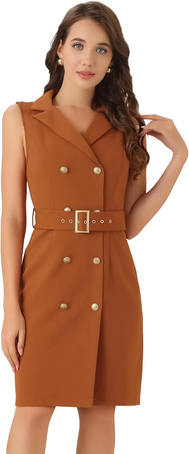 Allegra K Women's Blazer Dresses Summer Sleeveless Notched Lapel Double Breasted Belted Work Office Dress