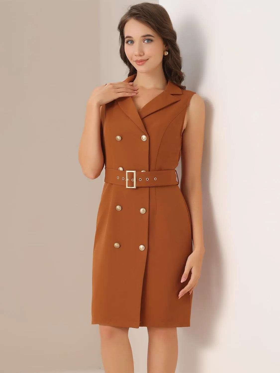 Allegra K Women's Blazer Dresses Summer Sleeveless Notched Lapel Double Breasted Belted Work Office Dress