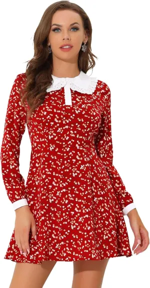 Allegra K Women's Contrast Ruffle Peter Pan Collar Button Front Long Sleeve Floral Mini Dress