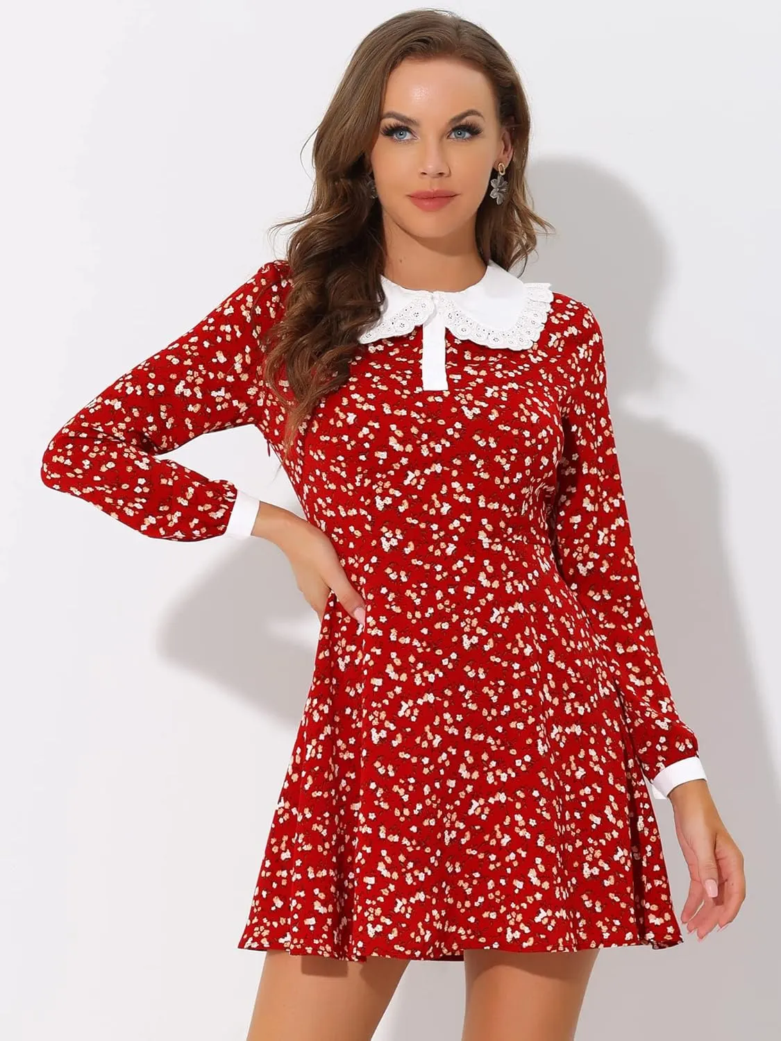 Allegra K Women's Contrast Ruffle Peter Pan Collar Button Front Long Sleeve Floral Mini Dress