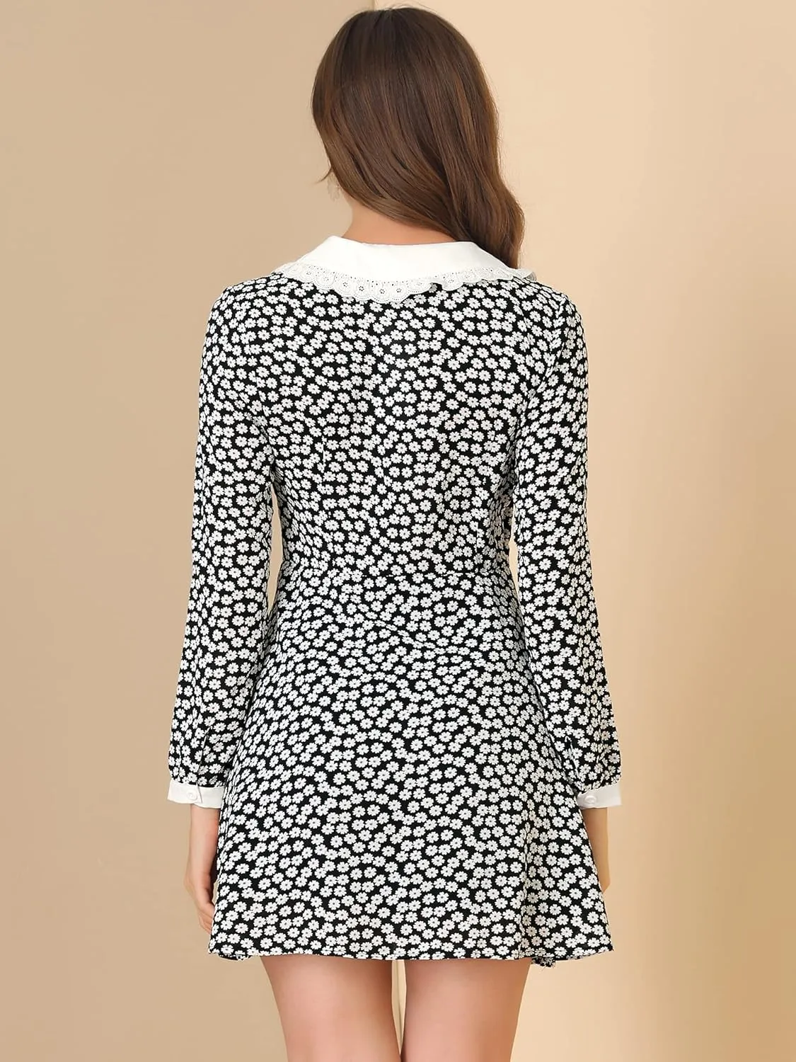 Allegra K Women's Contrast Ruffle Peter Pan Collar Button Front Long Sleeve Floral Mini Dress