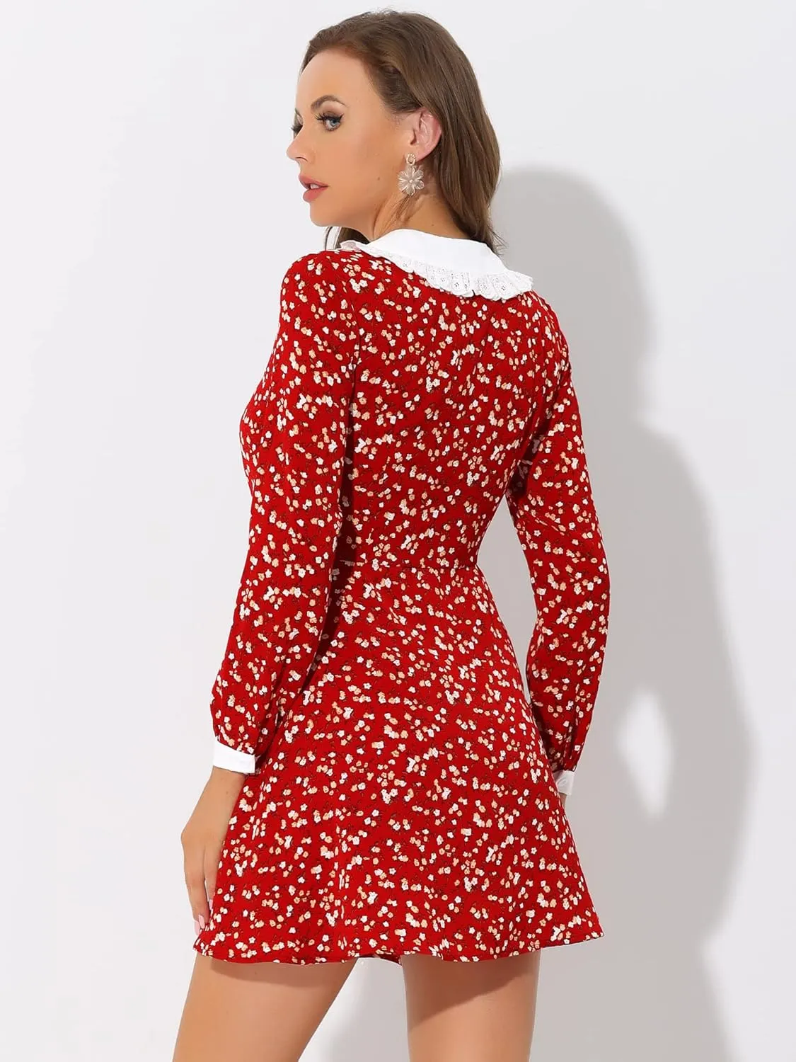 Allegra K Women's Contrast Ruffle Peter Pan Collar Button Front Long Sleeve Floral Mini Dress