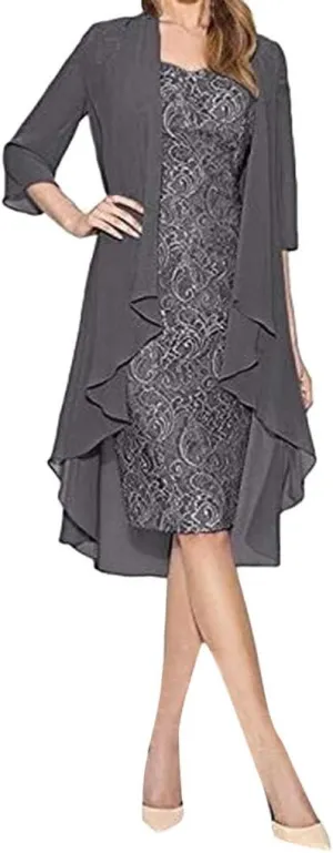 Aniywn Wedding Guest Dresses for Women, 2 Pieces Lace Mother of The Bride Dress with Jacket Chiffon Formal Evening Dresses