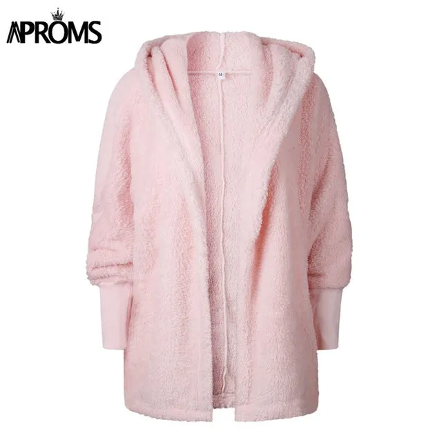 Aproms Candy Color Soft Teddy Jacket Women Autumn Loose Hooded Coats Winter Streetwear Open Style Warm Coats Outwear Female 2018