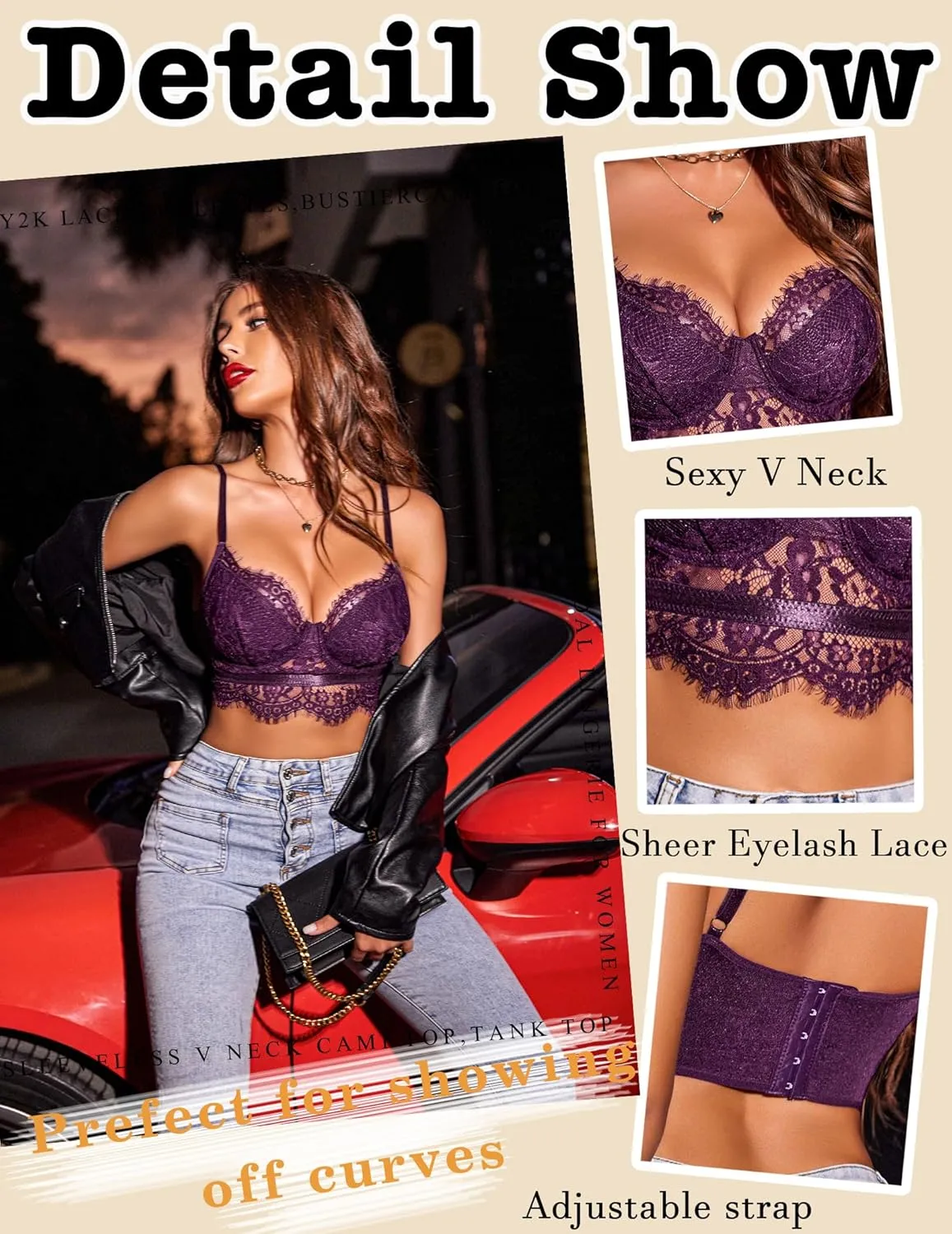 Avidlove Lace Bralettes for Women Y2k Strap Bustier Cami Top V Neck Camisole Lingerie
