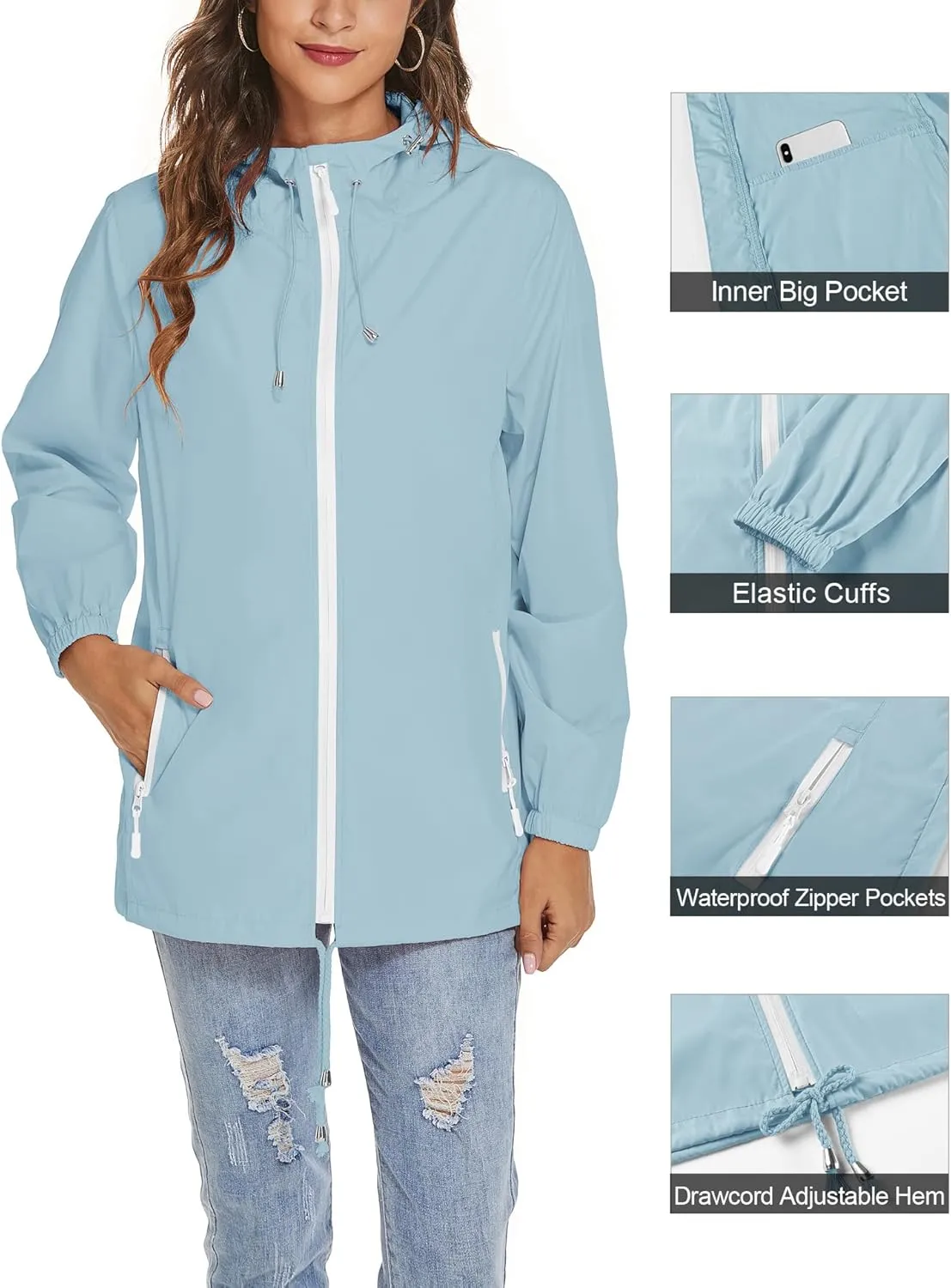 Avoogue Womens Waterproof Raincoat Lightweight Breathable Rain Jacket Hooded Rain Coat Outdoor Active Windbreaker with Pocket