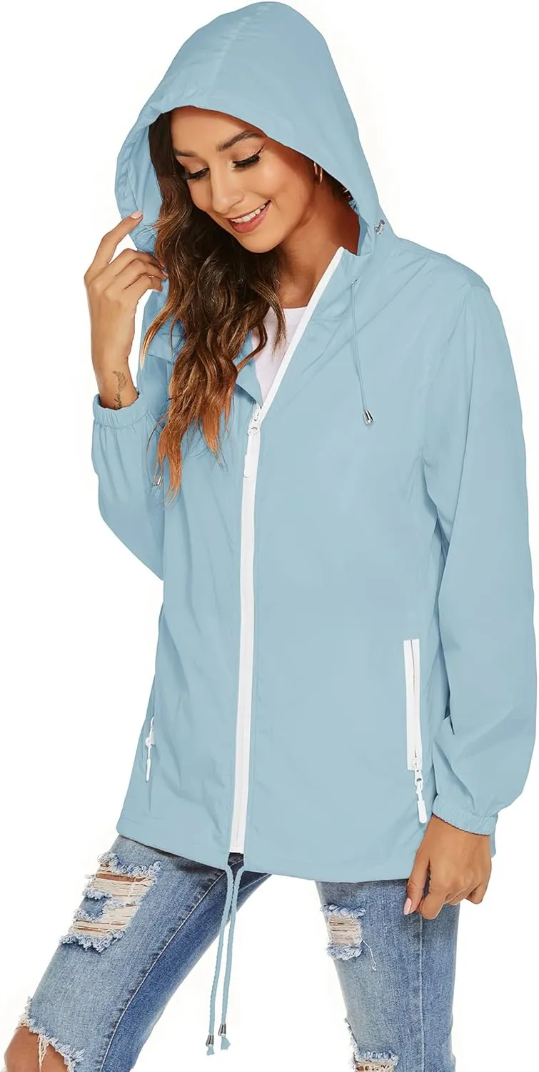 Avoogue Womens Waterproof Raincoat Lightweight Breathable Rain Jacket Hooded Rain Coat Outdoor Active Windbreaker with Pocket