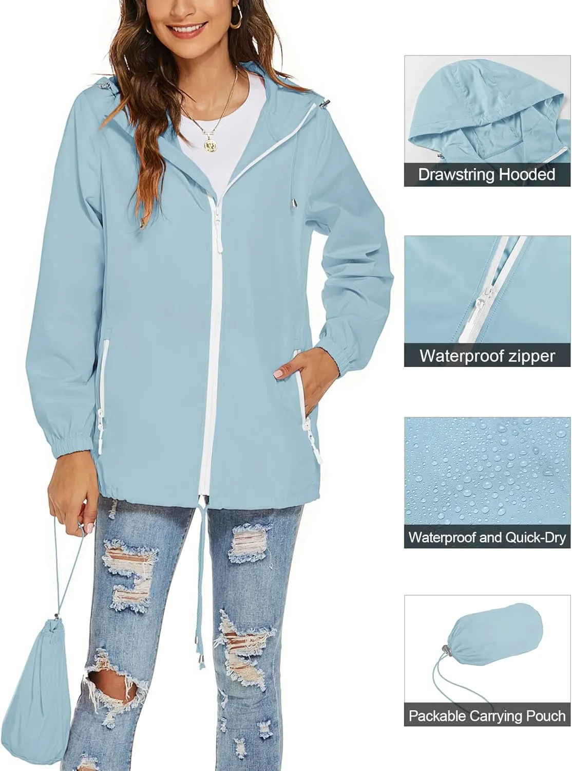 Avoogue Womens Waterproof Raincoat Lightweight Breathable Rain Jacket Hooded Rain Coat Outdoor Active Windbreaker with Pocket