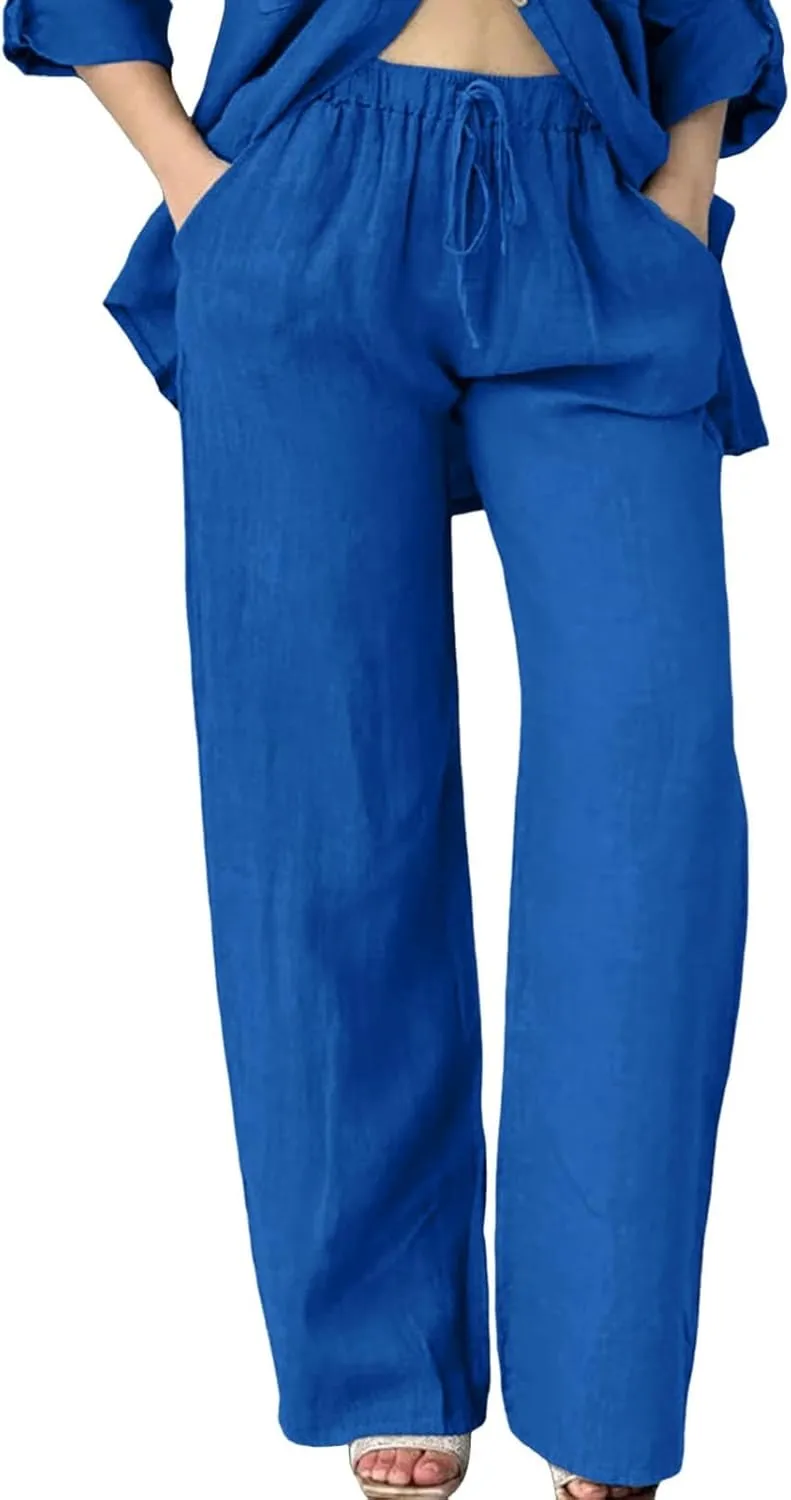 Baggy Linen Pants for Women Summer Boho High Waisted Palazzo Pants Loose Comfy Straight Leg Trousers with Pockets
