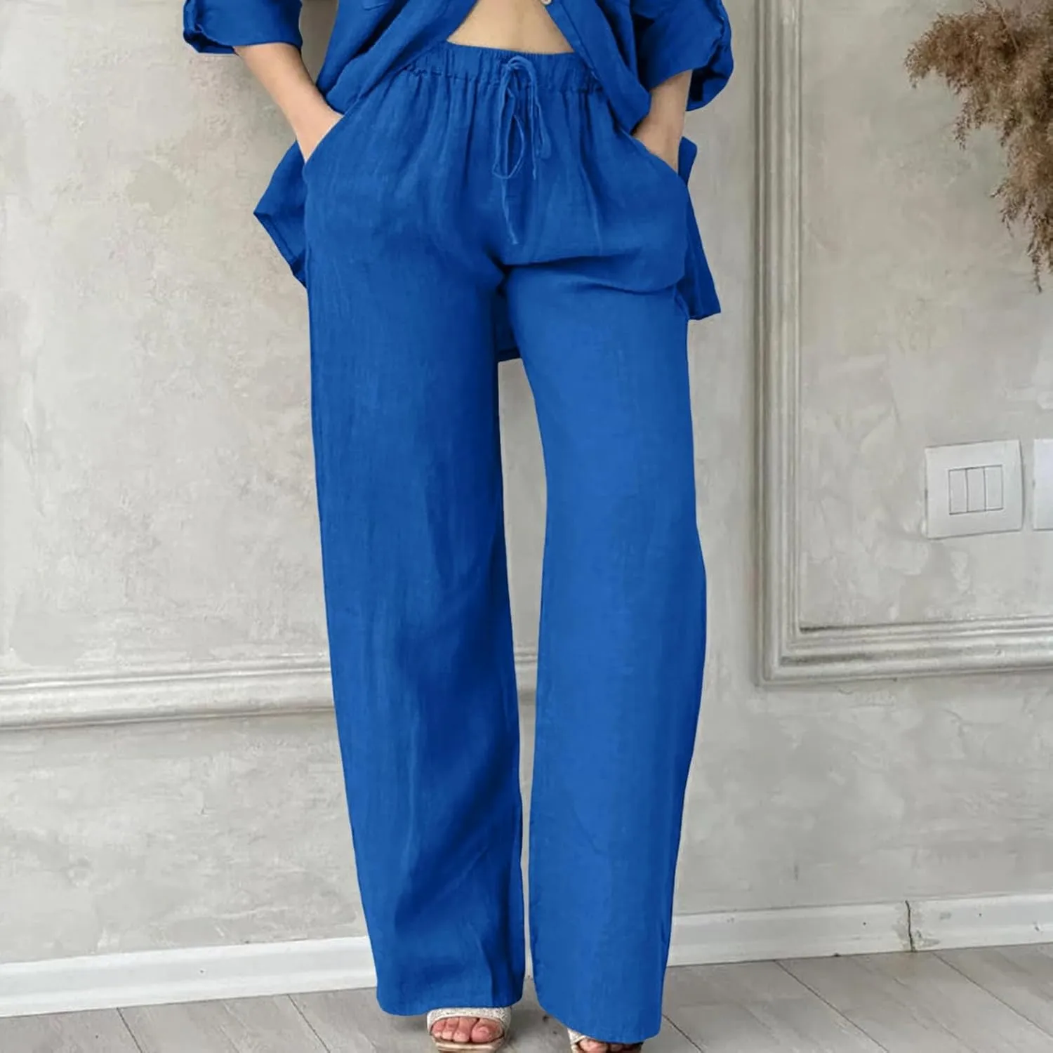 Baggy Linen Pants for Women Summer Boho High Waisted Palazzo Pants Loose Comfy Straight Leg Trousers with Pockets