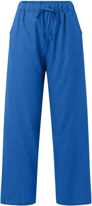 Baggy Linen Pants for Women Summer Boho High Waisted Palazzo Pants Loose Comfy Straight Leg Trousers with Pockets