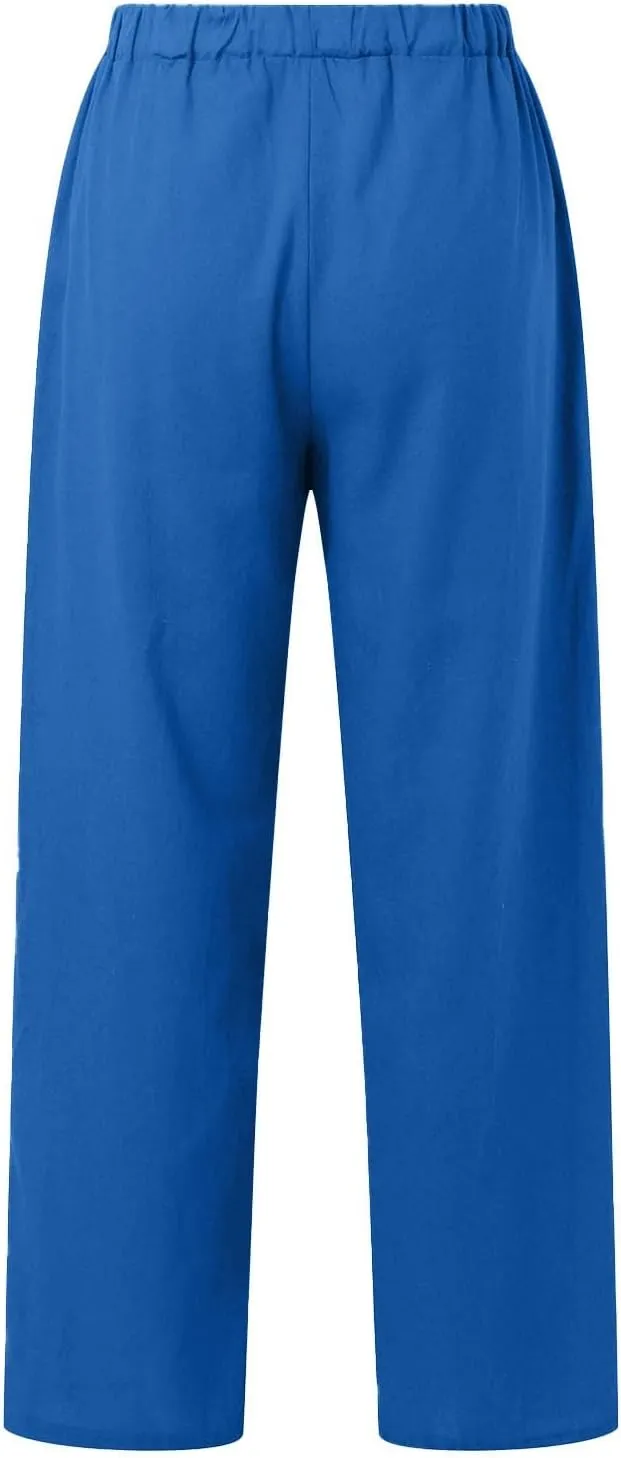 Baggy Linen Pants for Women Summer Boho High Waisted Palazzo Pants Loose Comfy Straight Leg Trousers with Pockets