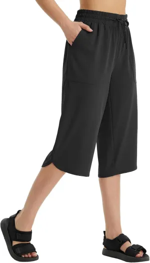 baleaf Women's Capri Pants Long Shorts Wide Leg Below The Knee Water Resistant Lightweight Quick Dry Breathable UPF 50  Elastic Waist Casual for Hiking Black 2XL
