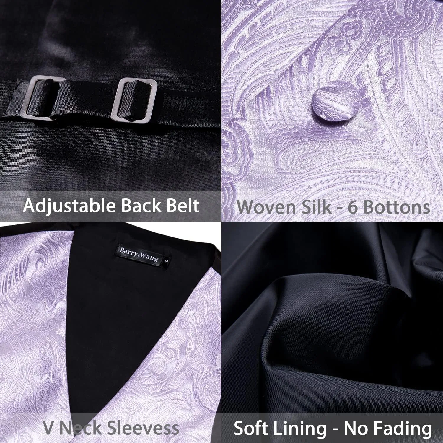 Barry.Wang Formal Men Flower Vest Paisley Jacquard Silk Ties Suit Waistcoat Set Wedding 5PCS