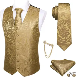 Barry.Wang Formal Men Flower Vest Paisley Jacquard Silk Ties Suit Waistcoat Set Wedding 5PCS