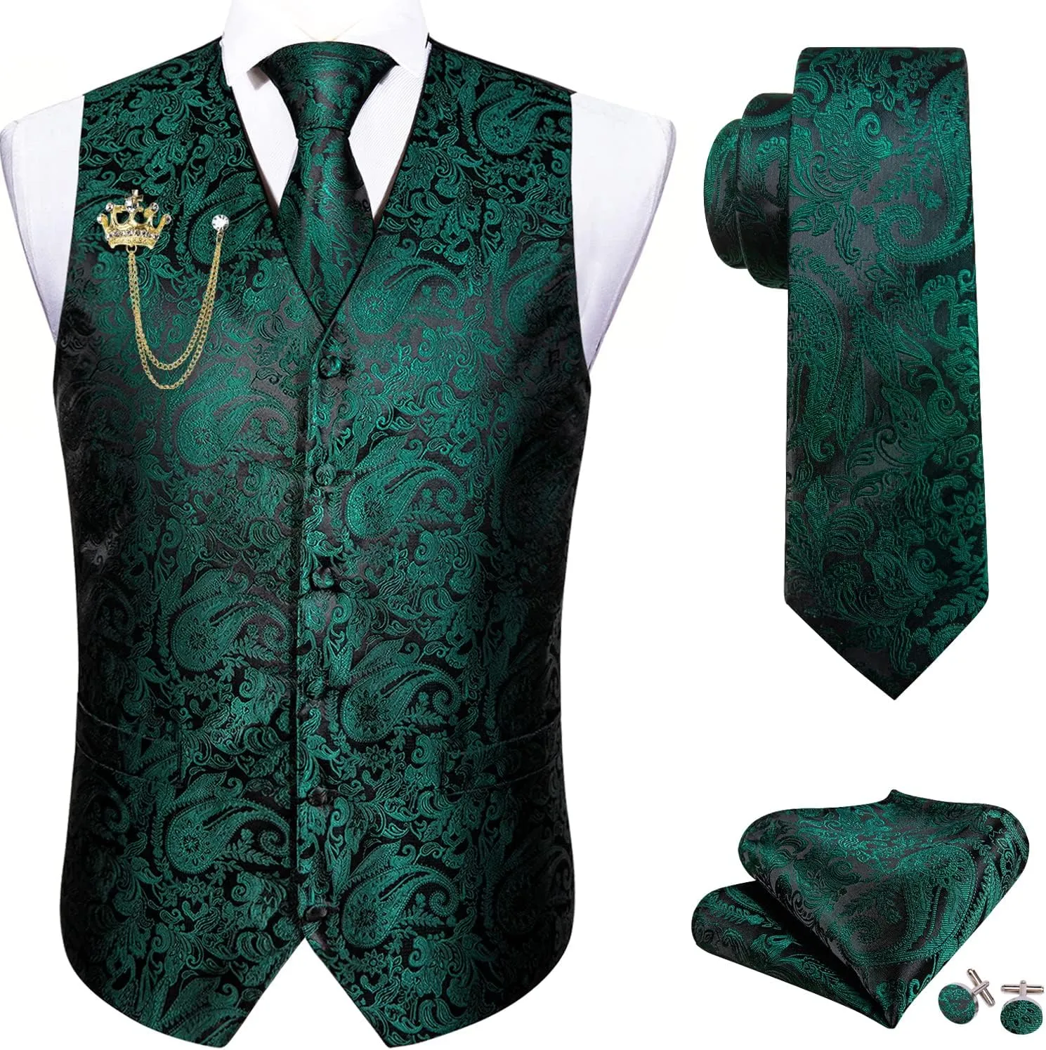 Barry.Wang Formal Men Flower Vest Paisley Jacquard Silk Ties Suit Waistcoat Set Wedding 5PCS