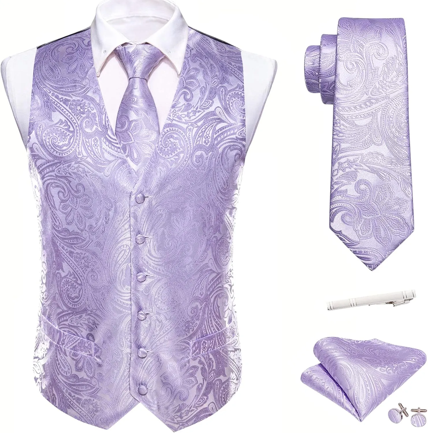 Barry.Wang Formal Men Flower Vest Paisley Jacquard Silk Ties Suit Waistcoat Set Wedding 5PCS
