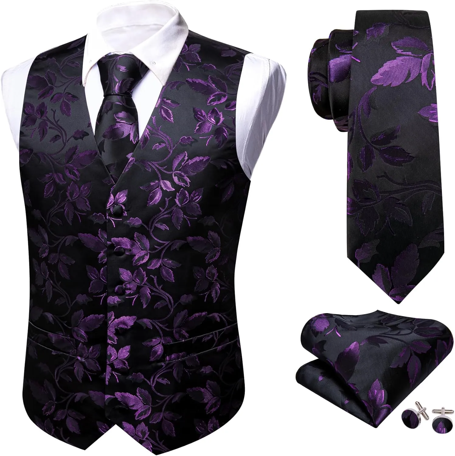 Barry.Wang Formal Men Flower Vest Paisley Jacquard Silk Ties Suit Waistcoat Set Wedding 5PCS