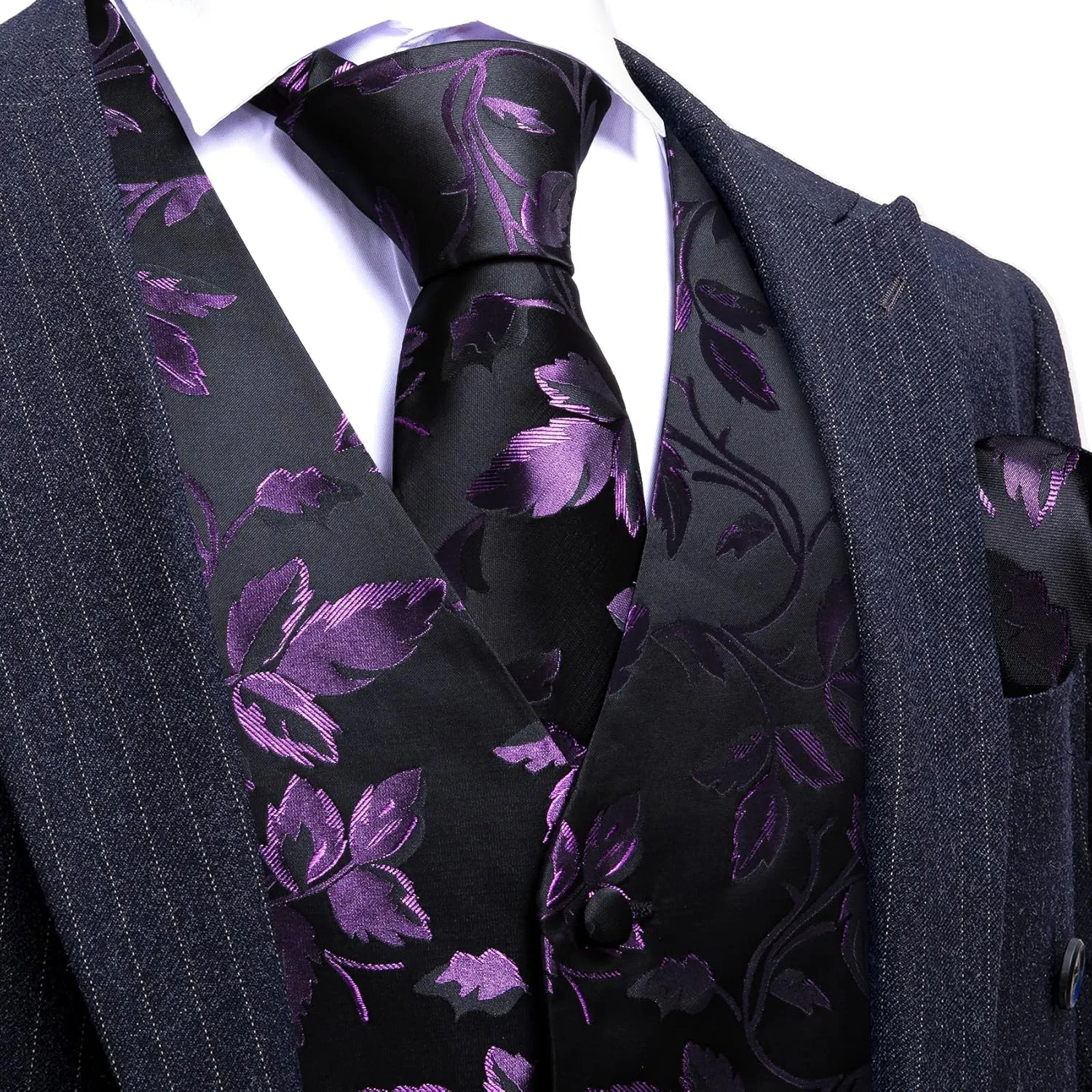 Barry.Wang Formal Men Flower Vest Paisley Jacquard Silk Ties Suit Waistcoat Set Wedding 5PCS