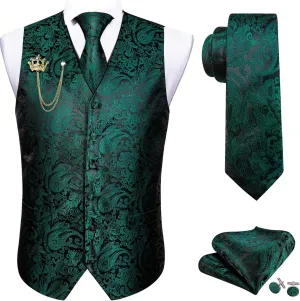 Barry.Wang Formal Men Flower Vest Paisley Jacquard Silk Ties Suit Waistcoat Set Wedding 5PCS