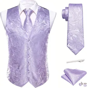 Barry.Wang Formal Men Flower Vest Paisley Jacquard Silk Ties Suit Waistcoat Set Wedding 5PCS