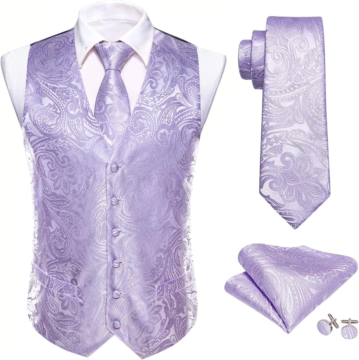 Barry.Wang Formal Men Flower Vest Paisley Jacquard Silk Ties Suit Waistcoat Set Wedding 5PCS