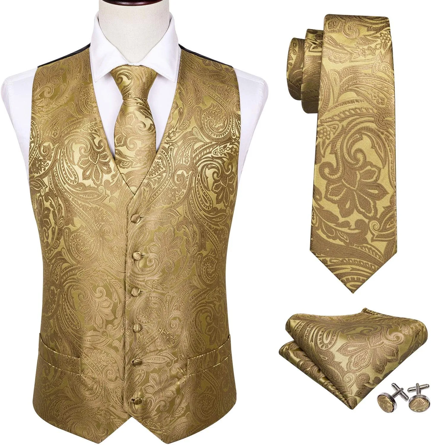 Barry.Wang Formal Men Flower Vest Paisley Jacquard Silk Ties Suit Waistcoat Set Wedding 5PCS