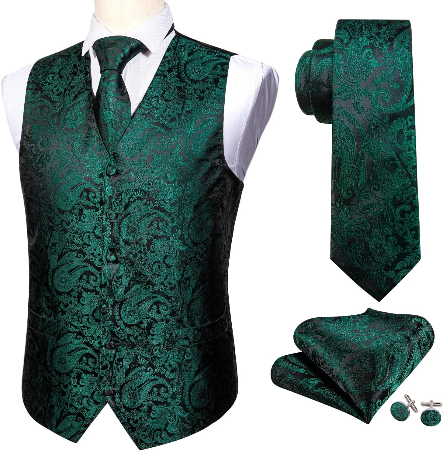Barry.Wang Formal Men Flower Vest Paisley Jacquard Silk Ties Suit Waistcoat Set Wedding 5PCS