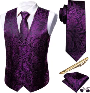 Barry.Wang Formal Men Vest Paisley Jacquard Silk Tie Suit Waistcoat Set Wedding 5PCS