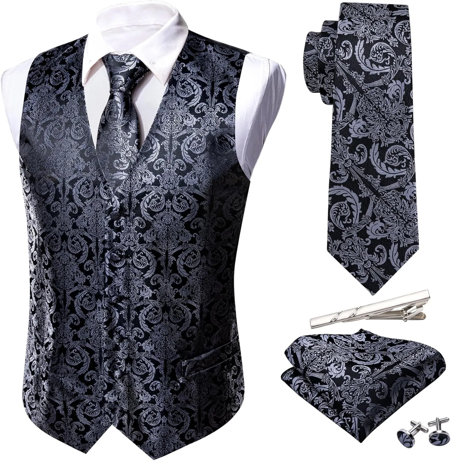 Barry.Wang Formal Men Vest Paisley Jacquard Silk Tie Suit Waistcoat Set Wedding 5PCS