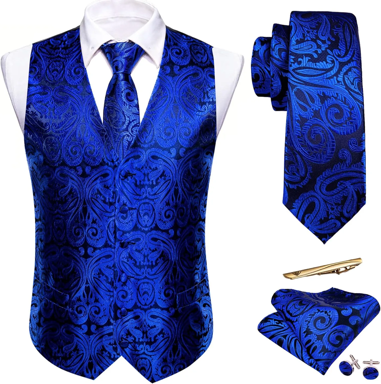 Barry.Wang Formal Men Vest Paisley Jacquard Silk Tie Suit Waistcoat Set Wedding 5PCS