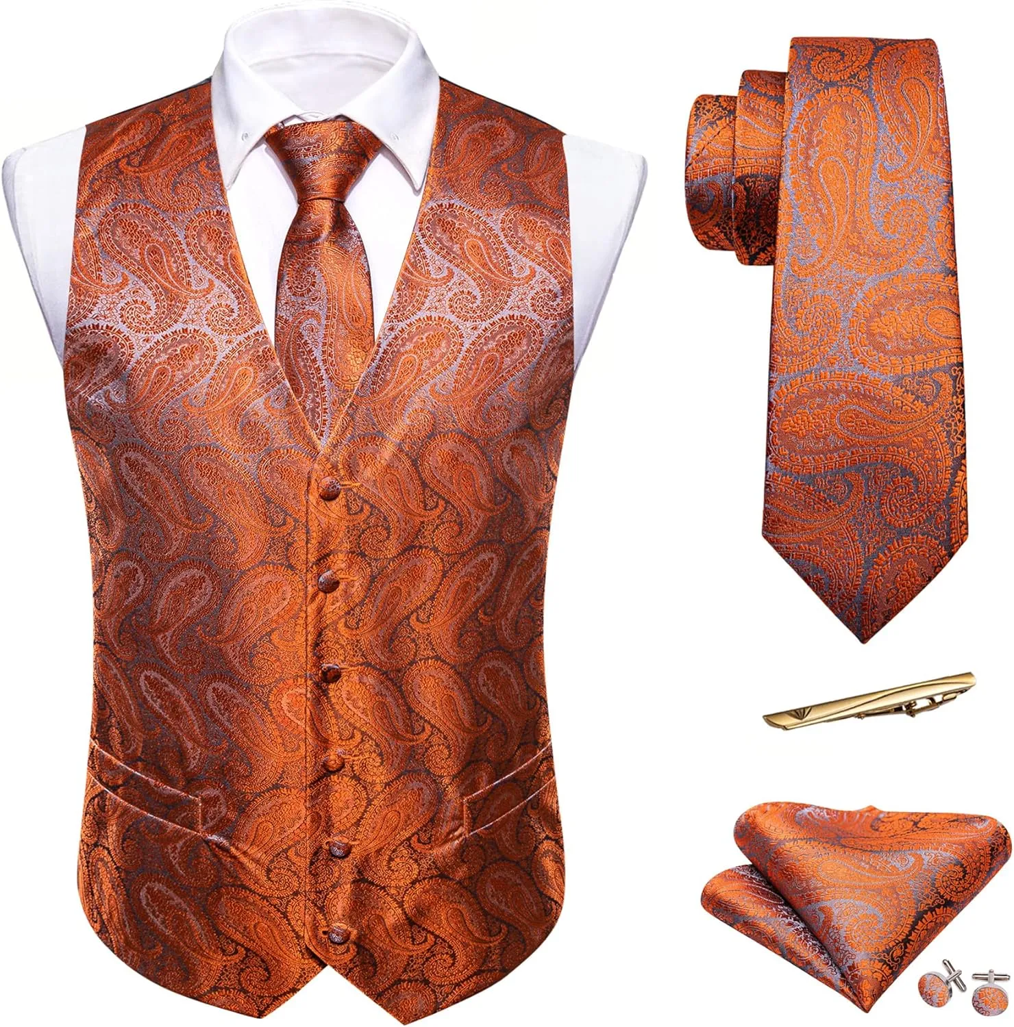 Barry.Wang Formal Men Vest Paisley Jacquard Silk Tie Suit Waistcoat Set Wedding 5PCS