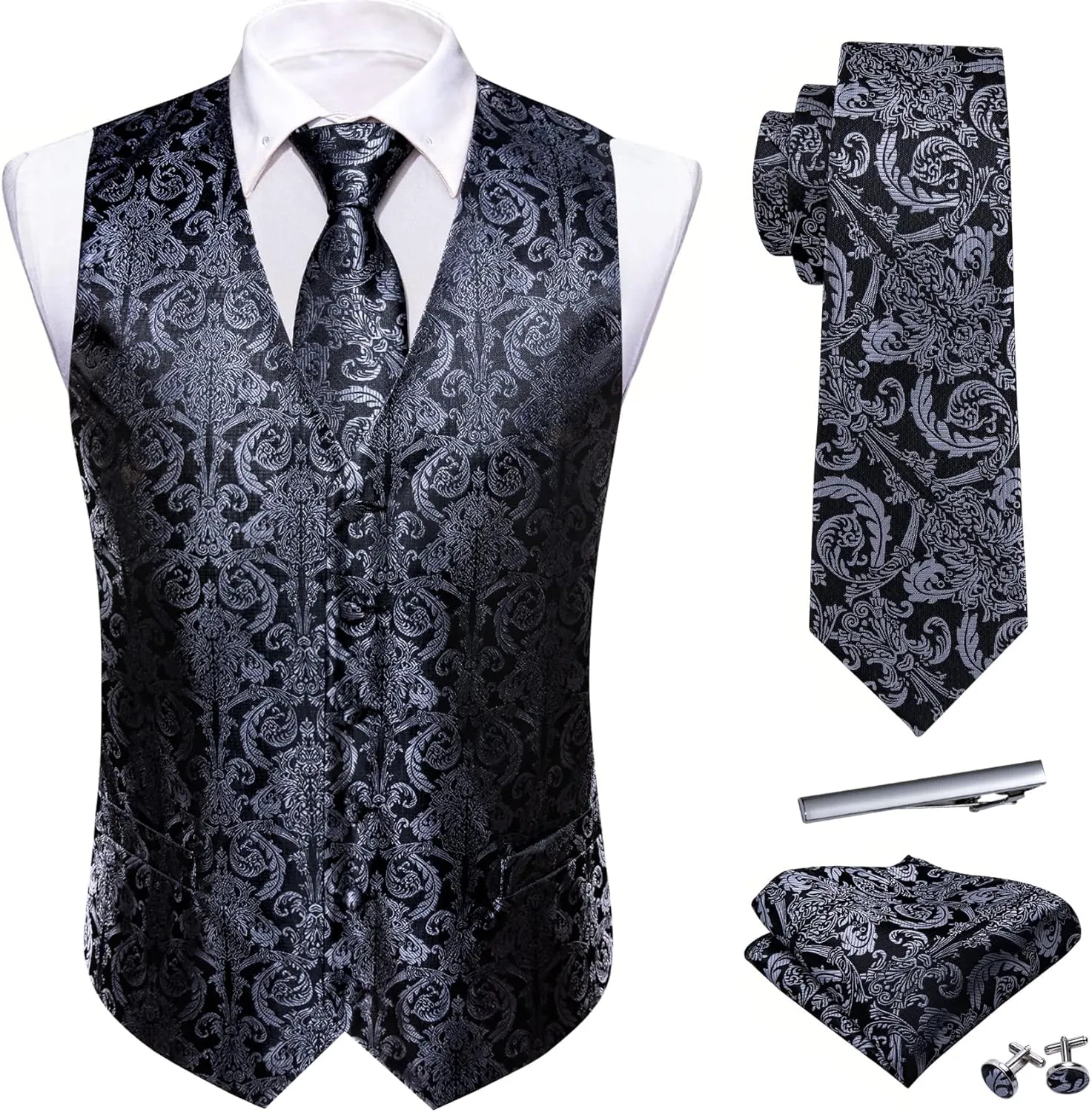 Barry.Wang Formal Men Vest Paisley Jacquard Silk Tie Suit Waistcoat Set Wedding 5PCS