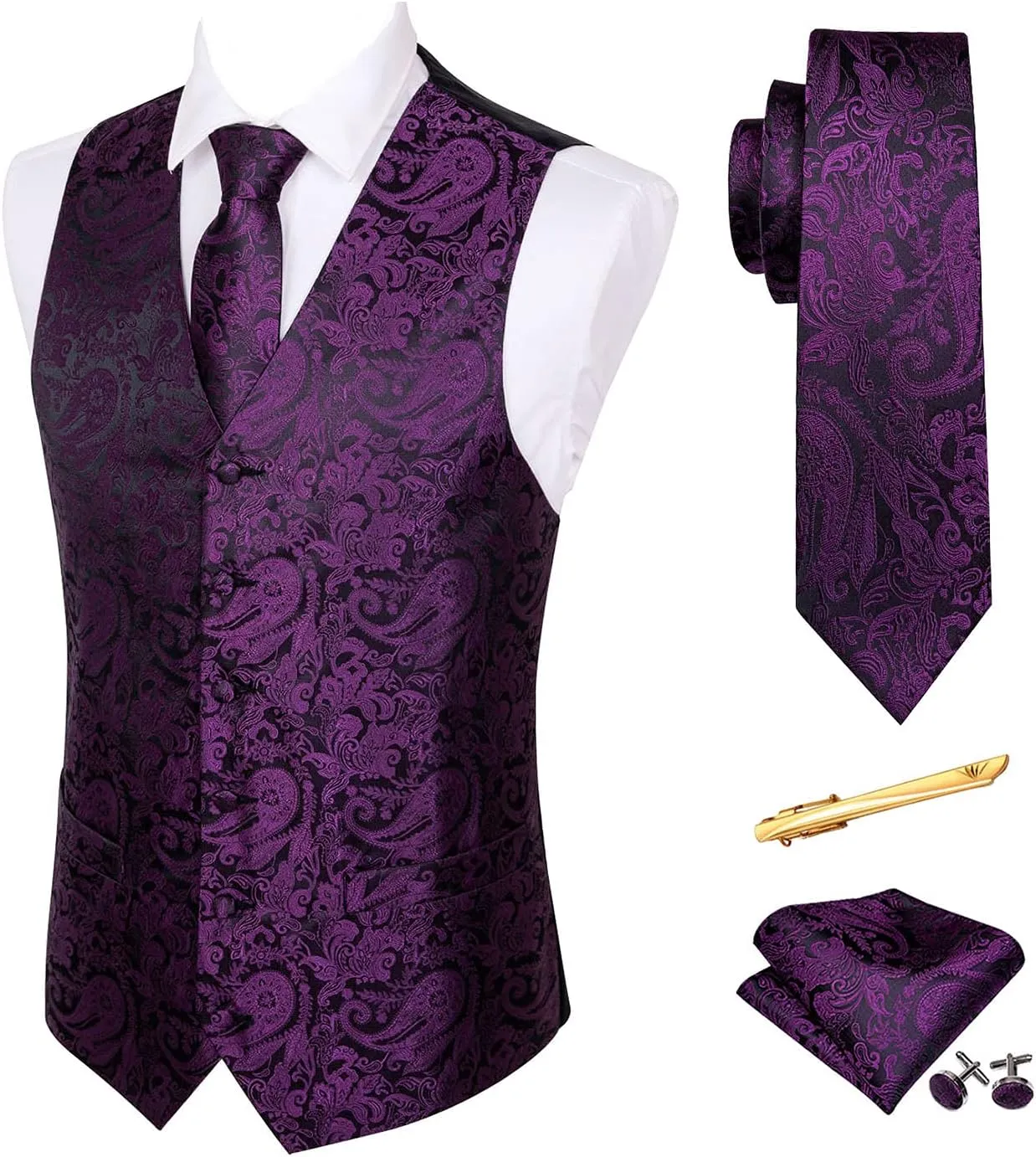 Barry.Wang Formal Men Vest Paisley Jacquard Silk Tie Suit Waistcoat Set Wedding 5PCS