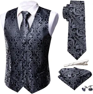 Barry.Wang Formal Men Vest Paisley Jacquard Silk Tie Suit Waistcoat Set Wedding 5PCS