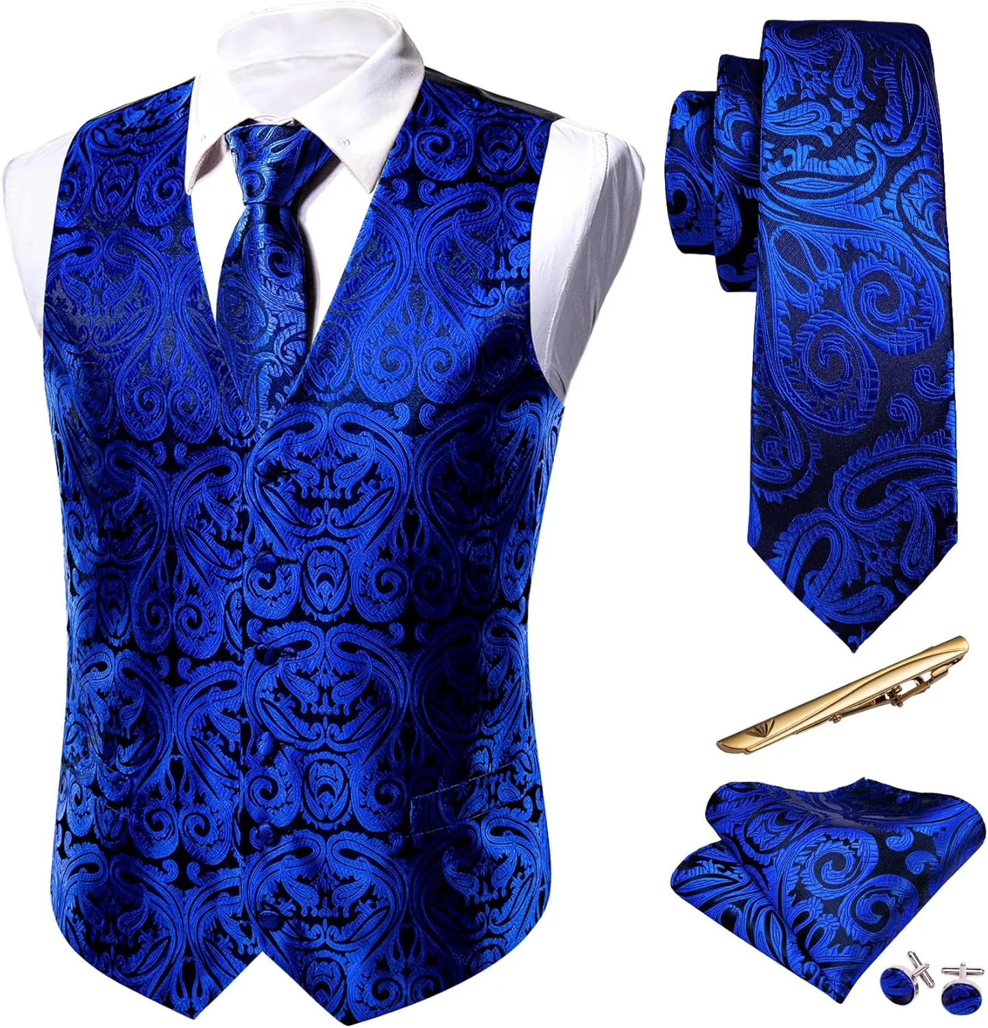 Barry.Wang Formal Men Vest Paisley Jacquard Silk Tie Suit Waistcoat Set Wedding 5PCS