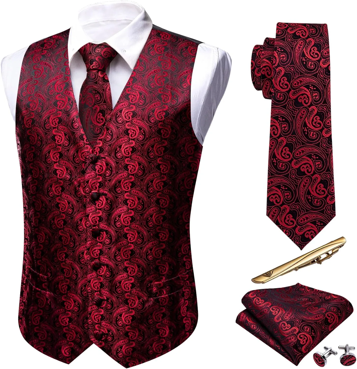 Barry.Wang Formal Men Vest Paisley Jacquard Silk Tie Suit Waistcoat Set Wedding 5PCS