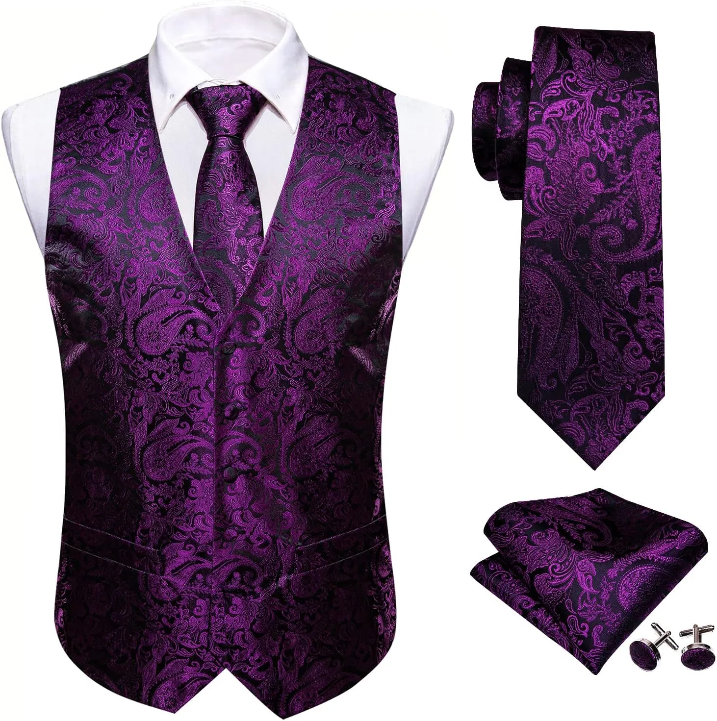 Barry.Wang Formal Men Vest Paisley Jacquard Silk Tie Suit Waistcoat Set Wedding 5PCS