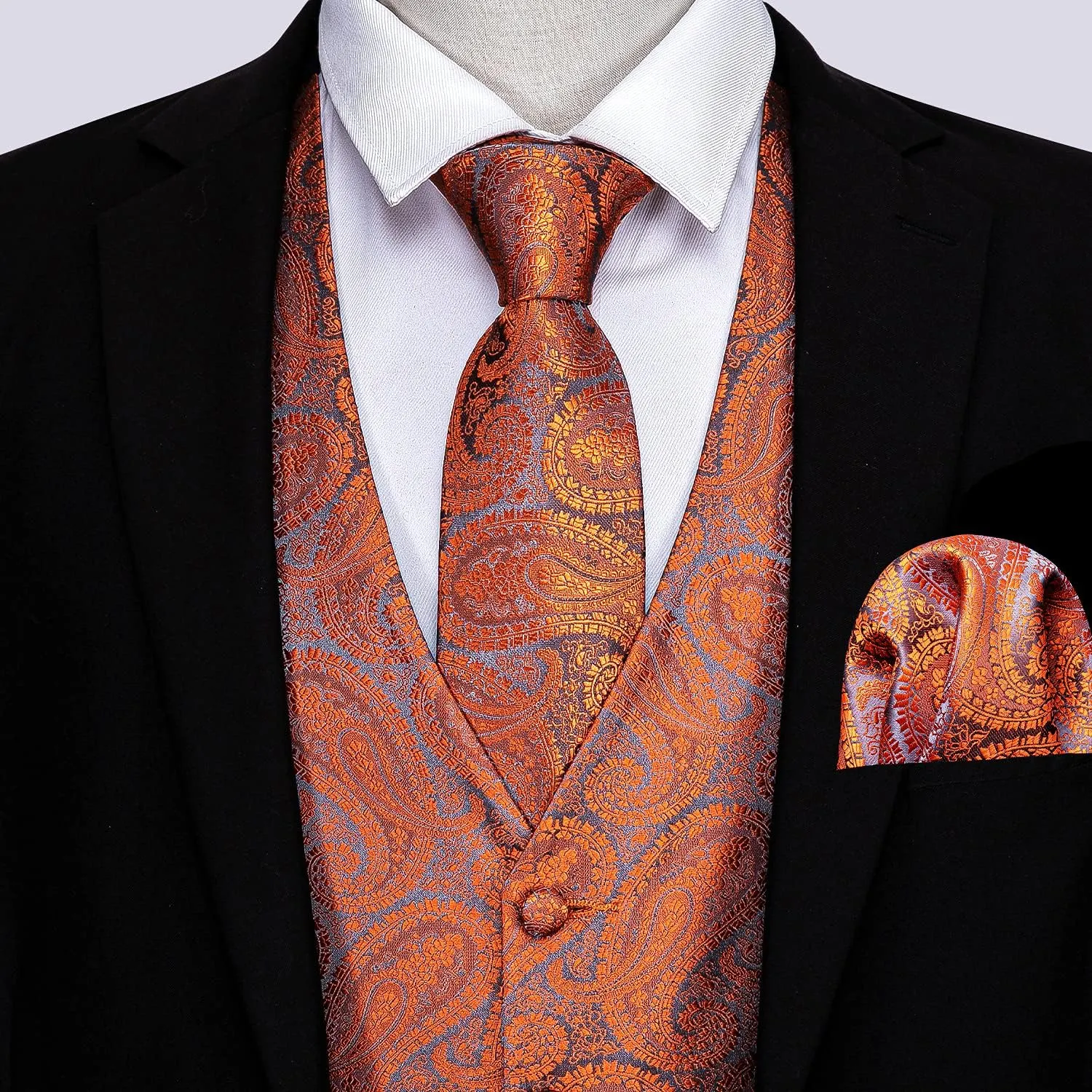 Barry.Wang Formal Men Vest Paisley Jacquard Silk Tie Suit Waistcoat Set Wedding 5PCS
