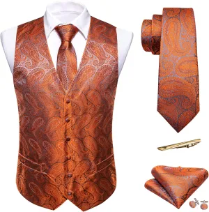 Barry.Wang Formal Men Vest Paisley Jacquard Silk Tie Suit Waistcoat Set Wedding 5PCS