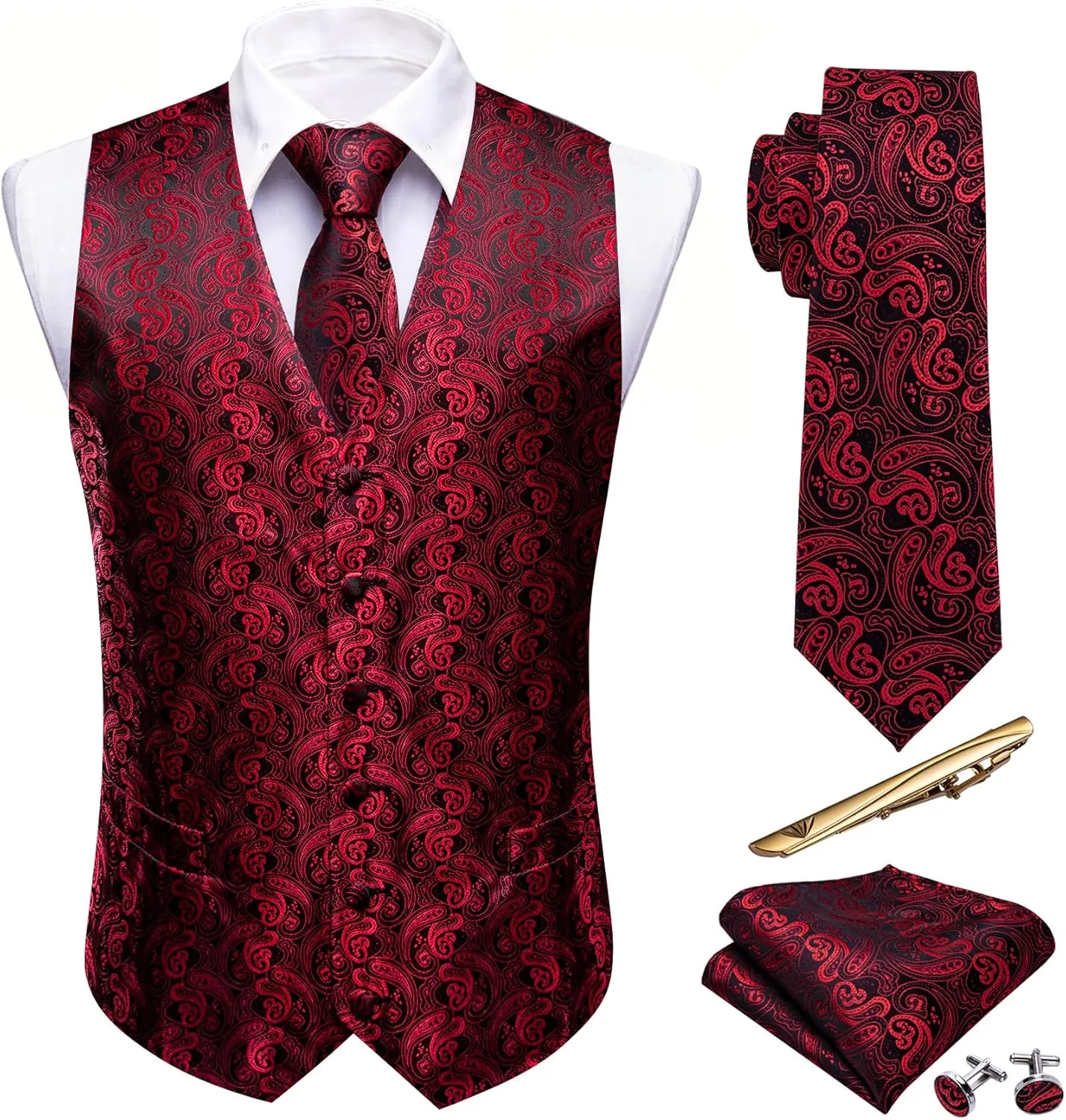 Barry.Wang Formal Men Vest Paisley Jacquard Silk Tie Suit Waistcoat Set Wedding 5PCS