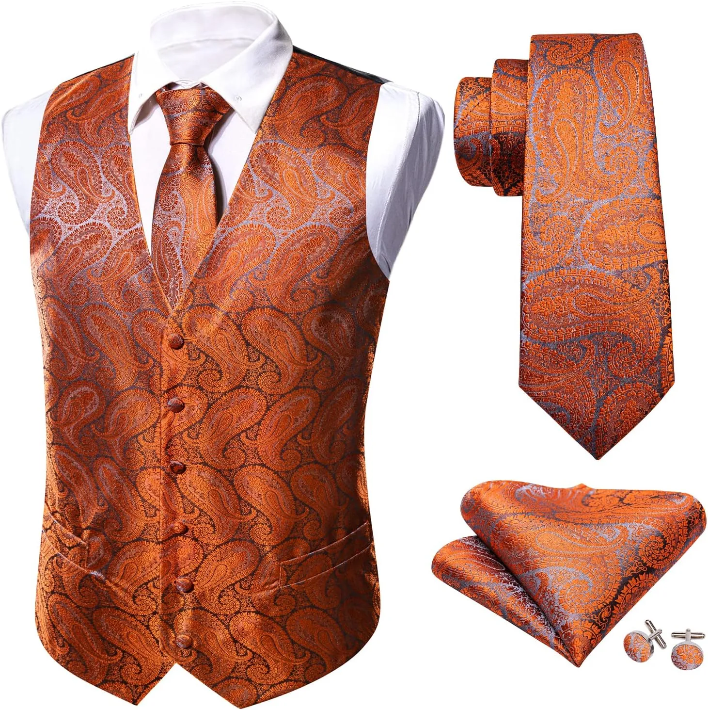 Barry.Wang Formal Men Vest Paisley Jacquard Silk Tie Suit Waistcoat Set Wedding 5PCS