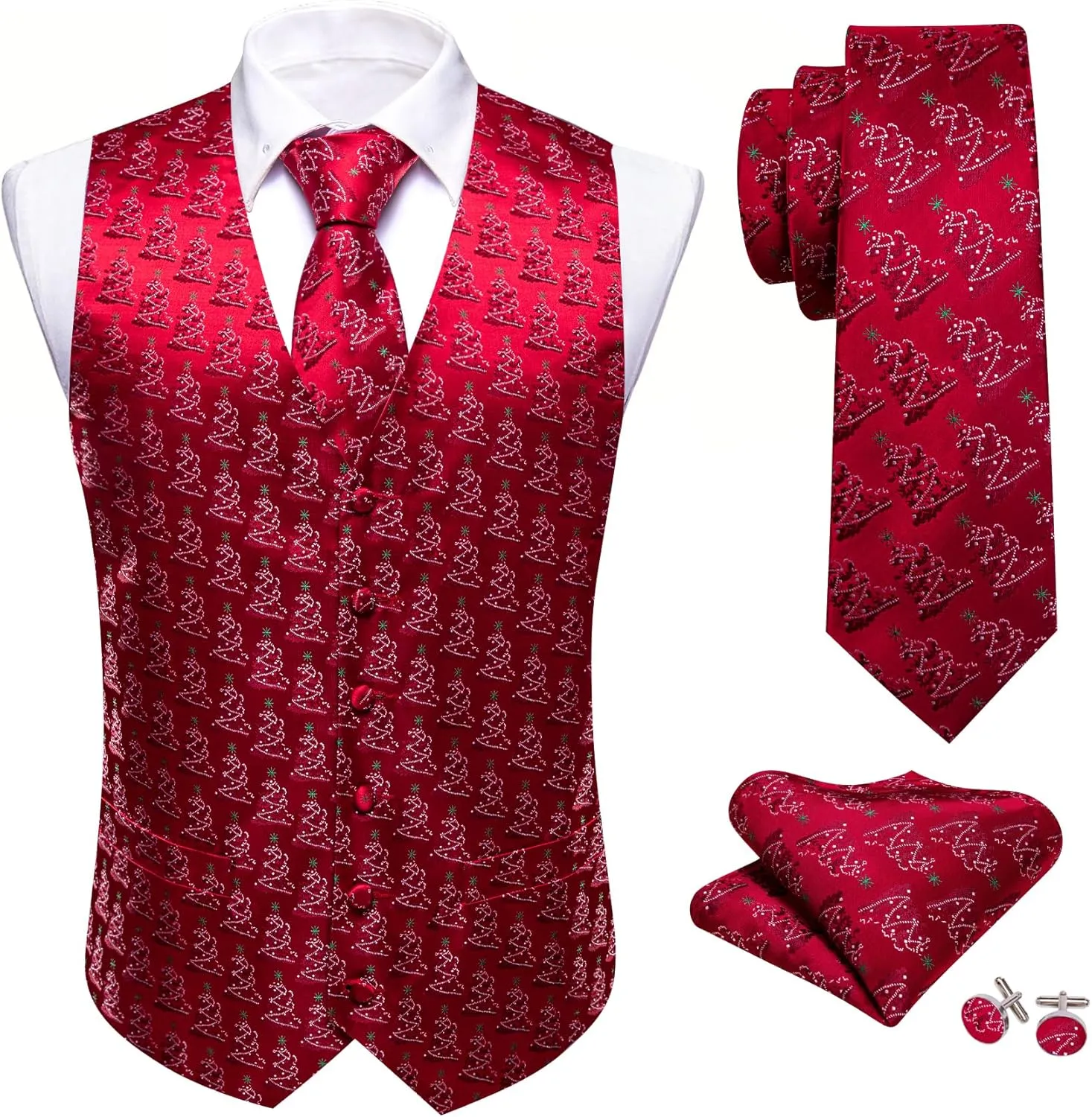 Barry.Wang Mens Red/Green Christmas Suit Vest Holiday Xmas Waistcoat Tie Set Party Tuxedo