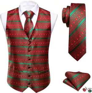Barry.Wang Mens Red/Green Christmas Suit Vest Holiday Xmas Waistcoat Tie Set Party Tuxedo
