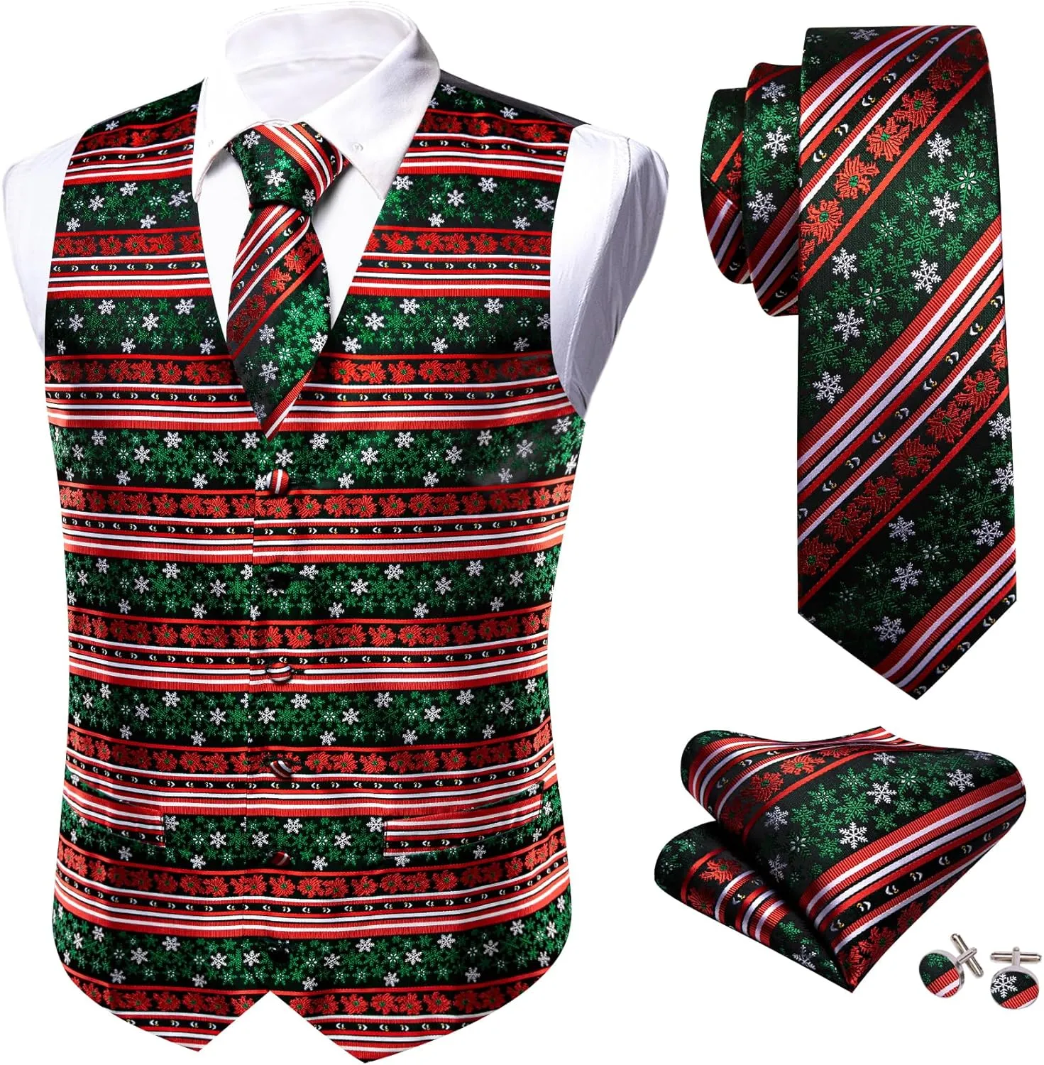 Barry.Wang Mens Red/Green Christmas Suit Vest Holiday Xmas Waistcoat Tie Set Party Tuxedo