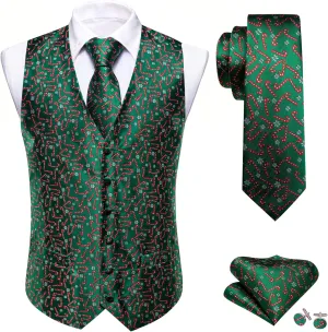 Barry.Wang Mens Red/Green Christmas Suit Vest Holiday Xmas Waistcoat Tie Set Party Tuxedo